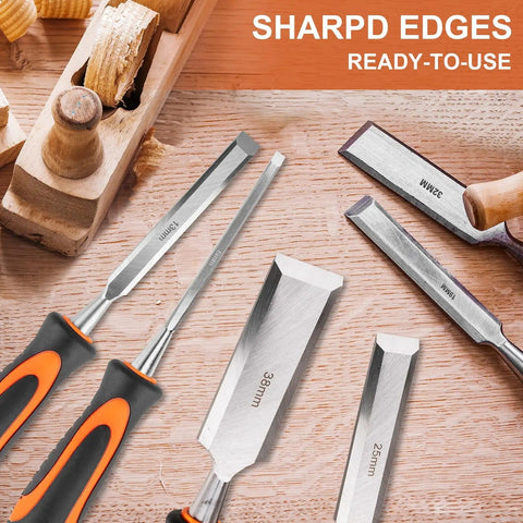 10 Piece Wood Chisel Set With Honing Guide And Sharpening Stone Includes Carpenter Pencils And Sharpener A Complete DIY And Pro Grade Woodworking Kit For Home Projects 6mm 13mm 19mm 25mm 32mm 38mm Chisels displayed on wooden surface.