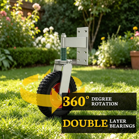 Highly Rated 8 Inch Gate Wheels 2 Pack For Metal And Wood Gates featuring 360° rotation and double layer bearings in garden setting.