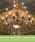 Dimmable LED Candelabra Bulbs E12 CA10 Flame Tip 2700K Warm White 300LM 40 Watt Equivalent in ornate chandelier