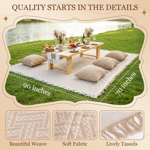 Extra Large Outdoor Boho Picnic Blanket Set With Low Table Runner And 6 Throw Pillow Covers For Beach Park Garden Or Patio Parties Festivals And Outdoor Gatherings On The Lawn Mat XL displayed on grass with pillows and a table.
