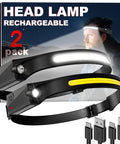 Two Pack Rechargeable Headlamp Set With LED Headlamps For Adults, 230 Degree Wide Beam, USB Charging, Camping Head Light