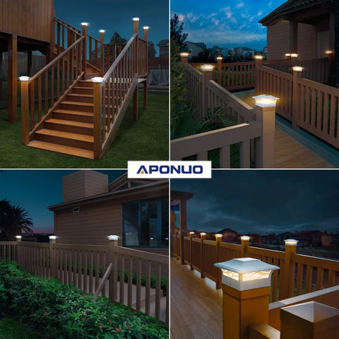 Solar Post Cap Lights 12 Pack For 4x4 And 6x6 Posts Dual Mode Brightness Auto On Off Waterproof Outdoor Fence Deck Patio Decor Fits Wood Or Vinyl 4x4 Post Caps Easy Mounts For Fences And Decks illuminating deck and fence at night