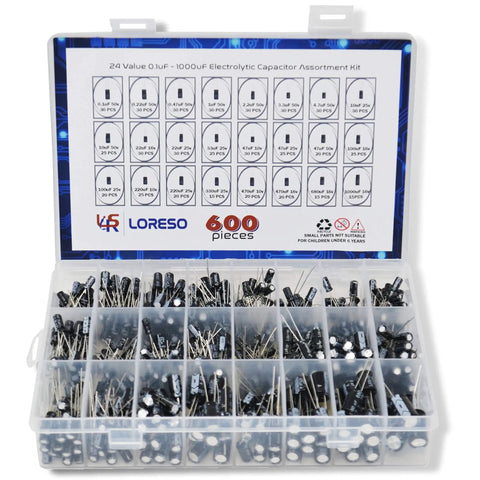 Badass Electrolytic Capacitor Assortment Kit 600 Pieces 24 Values 0.1uF To 1000uF At 50V in organized clear container.