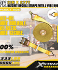 4 Pack 2 Inch By 27 Foot Heavy Duty Ratchet Tie Down Straps With Double J Hooks, shown coiled and in use with truck