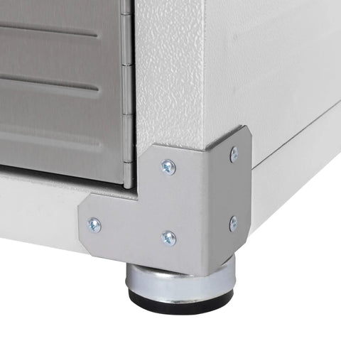 Close-up of Tough As Nails Heavy Duty Steel Storage Cabinet With Lockable Door And Six Adjustable Shelves corner hinge and base.