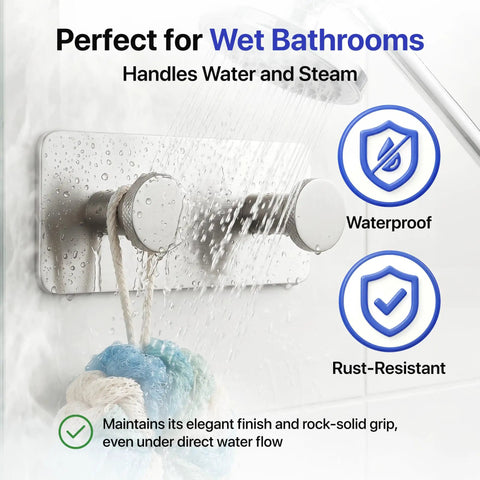 Heavy Duty Double Adhesive Wall Hooks Peel and Stick Towel Hook Satin Finish shown in wet bathroom, waterproof and rust-resistant.