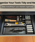 10 Compartment Tool Organizer Tray for Drawer and Tool Box, Stackable Small Parts Holder shown with tools and accessories inside
