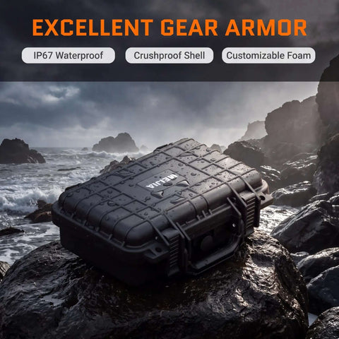 Rugged IP67 Waterproof Dry Box To Keep Your Cameras And Action Gear Toast From Water Hits Featuring Adjustable Foam Pad Inserts And Heavy Duty Seals In Matte Black Finish on a wet rock by the sea.