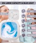 Collapsible Portable Washer With Fast Spin Cycle And 20L Capacity built for dorms and apartments, showing blue light efficiency and swirl water.