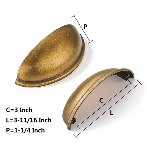 Hard-As-Nails 10 Pack Antique Brass Cabinet Cup Pulls With 3 Inch Hole Center showing dimensions and design for kitchen drawers.