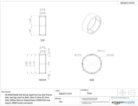 Top Shelf Needle Roller Bearing With Steel Caged Drawn Cup For Heavy Dynamic Loads Precision Metric Design 50Mm ID 58Mm OD 20Mm Width engineering drawing