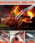22 Piece Stainless Steel BBQ Tools Set With Aluminum Case Outdoor Grill Accessories Kit Includes Tongs Spatula Basting Brush Fork Corkscrew Grill Brush Replacement Head 6 Skewers 8 Corn Holders Grillin Gift For Men And Dad This Christmas featuring a stainless steel fork holding a steak on the grill.