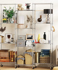 Premium Heavy Lifter 2 Pack 6 Tier Wire Shelving Units With Easy Roll Casters And Rust Free Hooks For No Sweat Home And Garage Organization Flexible Rack Setup filled with decor and books.