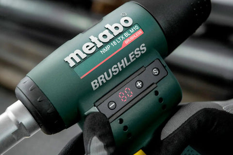 Top Shelf 18V Cordless Rivet Nut Gun With Hella Precision Adjustable Settings Quick Bite Mandrels Auto Reverse Reset And Bright LED Work Lights For Real Trade Shop Grind And Heavy Fabrication with LED display showing pressure settings.