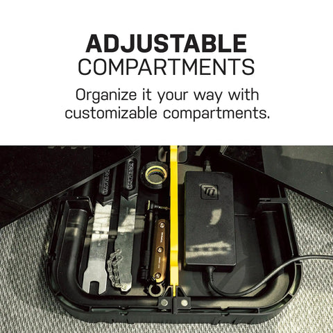 Close-up of All In One Bike Storage And Charging Station With Adjustable Tool Organizer Box, showing customizable compartments.