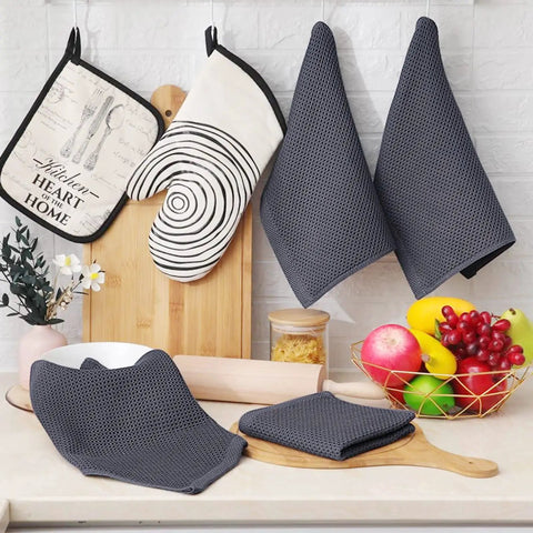 100 Percent Pure Cotton Waffle Weave Dish Cloths 6 Pack Dark Grey Ultra Absorbent Honeycomb Kitchen Towels on countertop with fruits