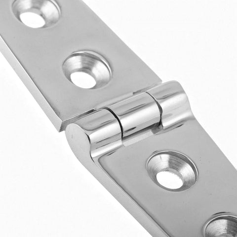 Close-up of Industrial Strength 316 Marine Grade Stainless Steel Cast Hinge, 6x1 inch with mirror polish, designed for boat and RV use.