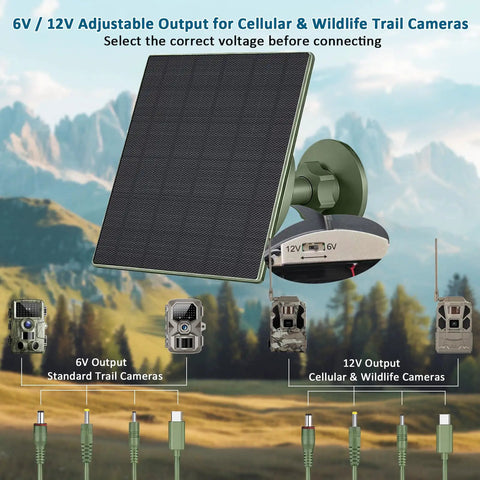 Heavy Duty 5W Solar Panel For Trail Cameras equipped with adjustable output for 6V and 12V, ideal for diverse camera types.