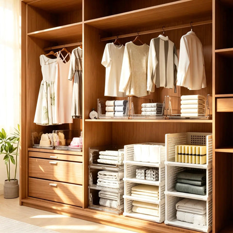 Xlarge Stackable Storage Bins 2 Pack Clear Crystal PET Baskets for Max Vertical Closet Space seen in stylish closet organization.