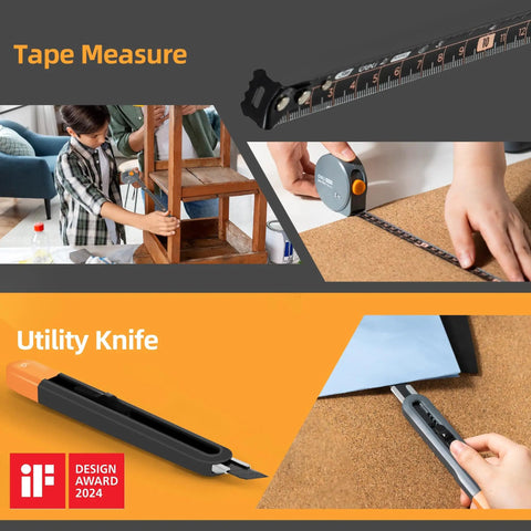 Person using Compact DIY Tool Set For Home Improvement With Stackable Handy Tool Kit Including Adjustable Wrench, Screwdrivers, Hammer, Pliers, Tape Measure, Gift Ready Package For Home Maintenance And Quick Fixes, showing tape measure and utility knife in use.