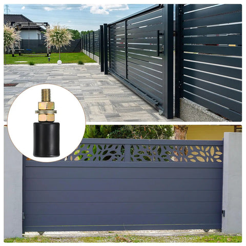 Heavy Duty 4 Pack Black Nylon Guide Rollers For Sliding Gates And Electric Doors Slick Bearing Support Wheels with a close-up view of a roller and sliding gate.