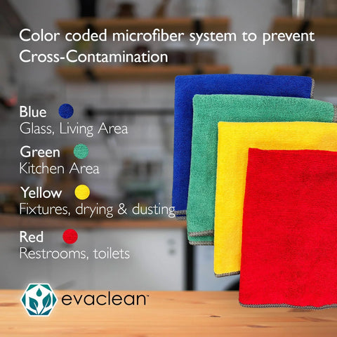 EvaClean Premium microfiber cleaning cloths, 16x16 inches, 12-pack in blue, green, yellow and red