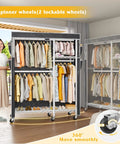 Straight Up Heavy Duty Rolling Clothes Rack With Removable Dust Cover Portable Closet Featuring Four Hanging Zones Adjustable Shelf And Smooth Gliding Wheels For Zero Hassle Storage with 6 spinner wheels in a room.
