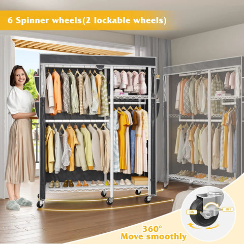 Straight Up Heavy Duty Rolling Clothes Rack With Removable Dust Cover Portable Closet Featuring Four Hanging Zones Adjustable Shelf And Smooth Gliding Wheels For Zero Hassle Storage with 6 spinner wheels in a room.