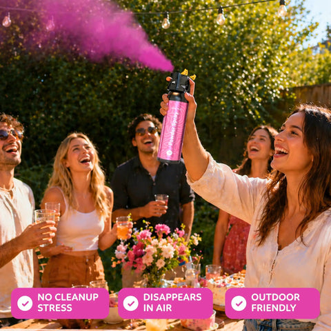 Sick Vibes Pink Smoke Bomb Powder Spray Launcher Kit For Outdoor Raves And Festivals Featuring Hella Biodegradable Color Burst in use at a lively party.