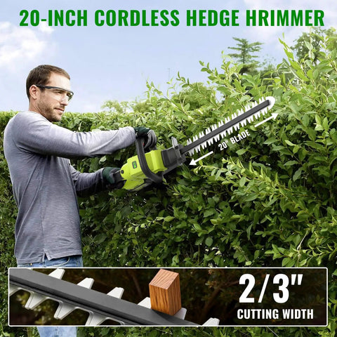 20V Cordless Hedge Trimmer with 20-inch blade in use, man trimming hedge, 2/3 inch cutting width, garden maintenance