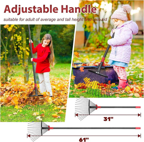 Adjustable metal leaf rake with 18 tines used by children in autumn, expandable head, 61 to 31 inches illustration shown