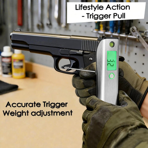 Solid As A Rock Digital Trigger Pull Scale Gauge For Reliable Peak Force Testing With Hella Precise Readings And A Rugged Stainless Steel Body Built For Pro Bench Work, measuring trigger pull on a handgun.