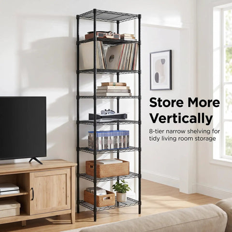 Heavy Duty 8 Tier Wire Shelving 18x18x78.8 Inches Adjustable Metal Storage Rack Built Legit Tough With Thickened Steel Tubes Super Sturdy For Any Home Or Office NSF Certified Black in a living room setup.