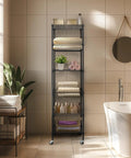 Heavy Duty 6 Tier Wire Shelving Unit Rolls Flat On Smooth Casters, 18X18X72 Inch Adjustable Black Metal Rack in bathroom setting.