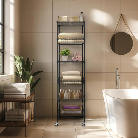 Heavy Duty 6 Tier Wire Shelving Unit Rolls Flat On Smooth Casters, 18X18X72 Inch Adjustable Black Metal Rack in bathroom setting.
