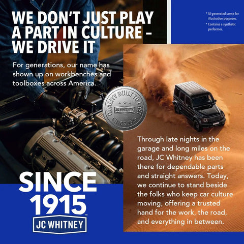 Image showing car engine components and a rugged vehicle, emphasizing automotive culture and reliability with JC Whitney branding.