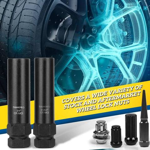 Premium Heavy Duty 6 And 7 Spline Lug Nut Keys Socket Set For Bmw Audi Toyota Wheels 41/64 Inch And 3/4 Inch Sizes showing two socket sizes.