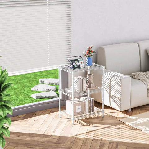 Industrial Grade Three Tier Wire Shelving Rack in white, displaying books and plants, perfect for kitchen or laundry room.