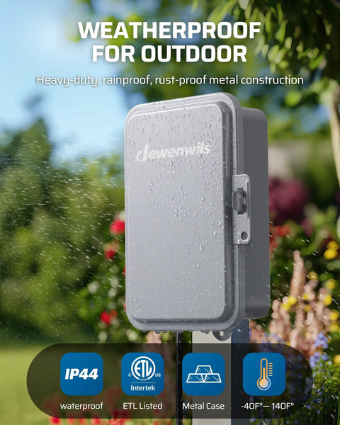 Bulldozer Tough Heavy Duty Mechanical Timer Switch Features Easy Turn Dial Handles Daily 24 Hour Auto Cycle For Water Heaters Pumps Lamps And Fans Dual On Off Programs Gutsy 120 Vac 40 Amp Electrical Repeater That Runs Pure Smooth weatherproof metal box with rainproof and rust-proof construction outdoors