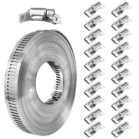 32.8 Ft 304 Stainless Steel Hose Clamp Kit With 20 Heavy Duty Fasteners For Adjustable Perforated Strapping Large Hose Clamps