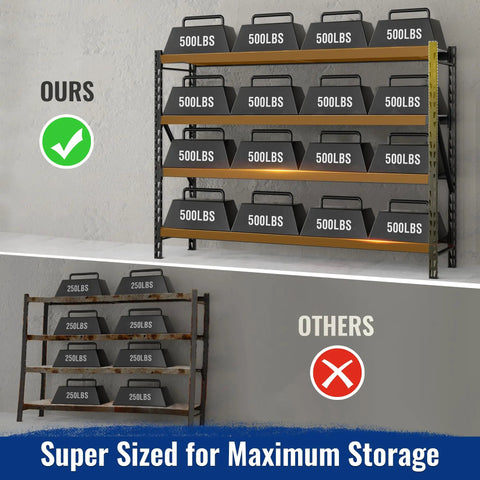 Straight Up Massive Garage Shelving Unit With An Actual 8000 LBS Weight Limit And Extra Wide Adjustable Four Tier Steel Racks Built Tough For Basement Gear Or Warehouse Hauling Black Storage Rack comparing 500 lbs capacity versus 250 lbs.