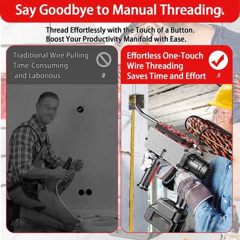 Top Shelf Cordless Fish Tape Wire Threading Tool Includes Rechargeable Battery Quick Charger, showing effortless wire threading.