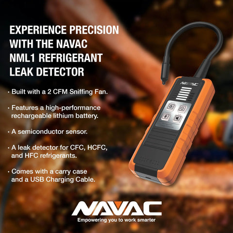 NAVAC NML1 refrigerant leak detector handheld, orange housing with LCD display and control buttons (front view)