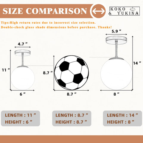Size comparison of Mid Century Modern Ceiling Light Fixture With Milk Glass Shade And Matte Gold Finish Semi Flush Mount For Hallway Living Room Kitchen Bedroom Or Storage Spaces Bulb Included No Fuss Install with soccer ball and dimensions.