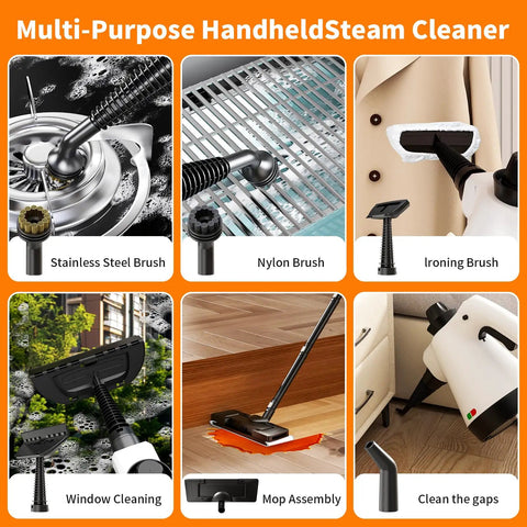 Multi-Purpose Handheld Steam Cleaner with stainless steel, nylon, and ironing brushes for deep cleaning versatility.