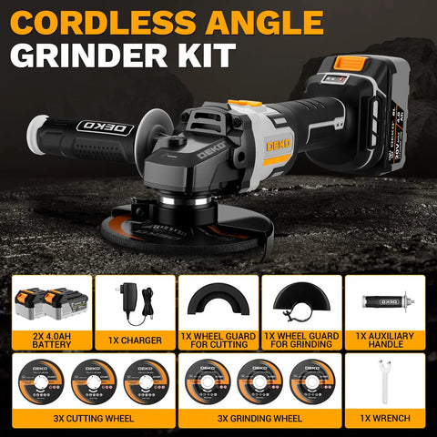 Badass 4 5 Inch Cordless Angle Grinder With 20V Brushless Motor And Dual Batteries Plus Charger, showing tool and accessories.