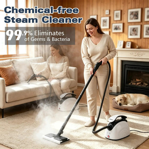 Waitbird 4.5 Bar High Pressure Steam Cleaner With Dual Safety Protection And Auto Shut Off used on carpet, eliminating tough stains and allergens.