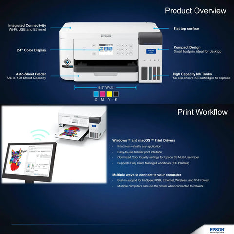 SureColor F170 Dye Sublimation Printer Compact 8.5 By 11 Inch Format Includes Genuine Ink Original OEM Product With Full Manufacturer Support User Guide And Power Cable For Home And Small Biz Use image showing front view with computer setup