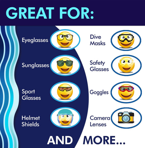 Blue eyewear infographic banner listing categories: eyeglasses, sunglasses, safety glasses, goggles with circular icons