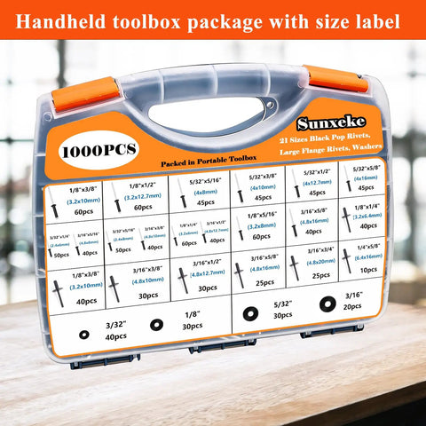 Heavy Duty Pop Rivet Gun Coupled With A Game Changing Assortment Kit, Featuring Rugged Black Rivets And Large Flange Fasteners For Serious Diy Repairs And Auto Shop Tweaks Stored In A Slick Portable Toolbox displayed in a clear toolbox with rivet size labels.